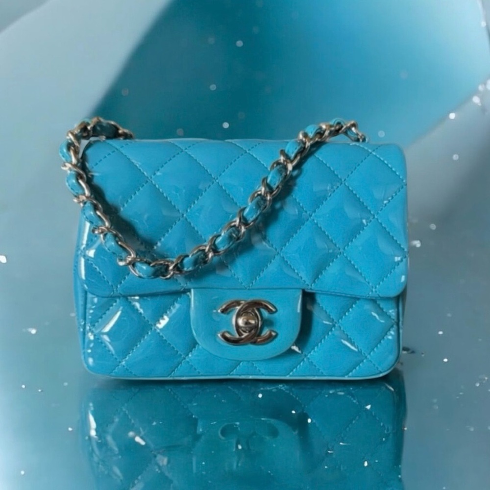 🆕💕CHANEL Bright Blue Patent Leather Classic Quilted Mini Square Flap • SilverHW